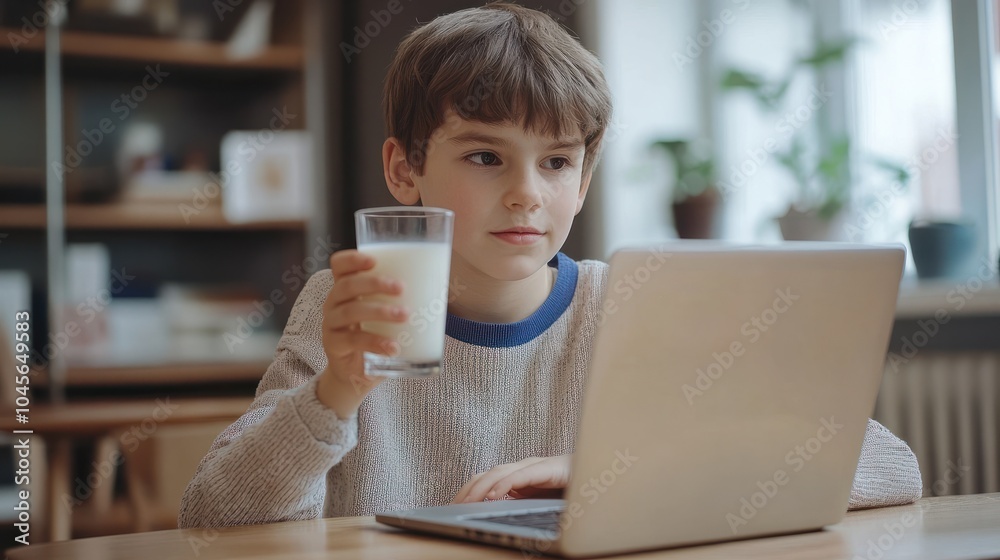 Boy holding glass of milk while using laptop at home Boy holding glass of milk while using laptop at home