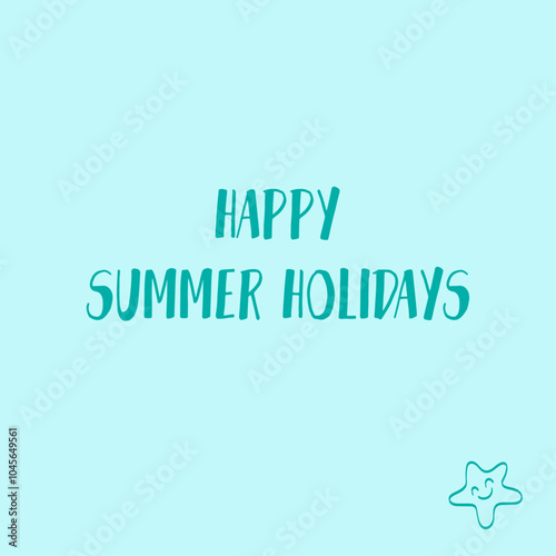 Сeladon hand drawn doodle vector postcard with starfish. Summer holidays vector illustration. Blue, green object of web design.
