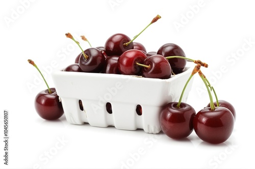 Red Bing Cherries in White Ceramic Basket on White Background photo