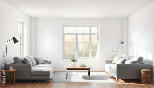 Interior of light living room with grey sofa, coffee table, armchair and big window isolated with white highlights, png