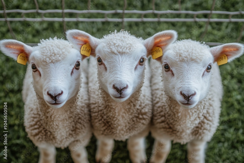 Obraz premium Three curious lambs lined up by a fence in a green pasture during daylight hours