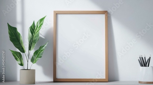 Frame mockup in a minimalist home office, with clean lines, neutral decor, and a plant for a touch of greenery