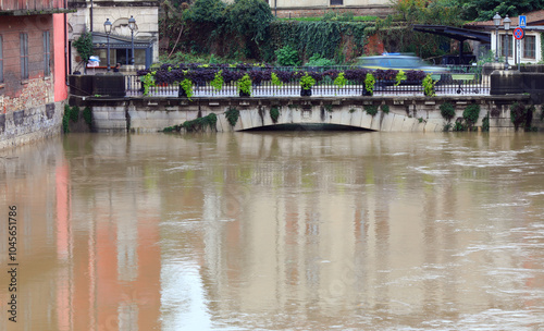 Ponte San Paolo bridge over the Retrone River in the northern Italian city of Vicenza during a flood after torrential rains