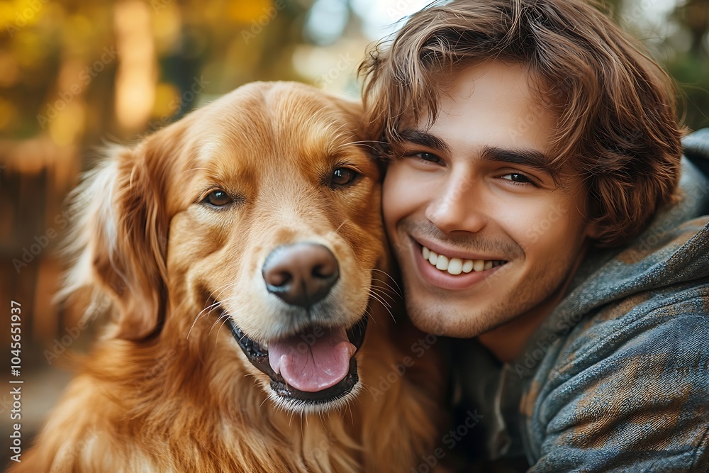 Smiling Man and Golden Retriever in Autumn Smiling Man and Golden Retriever in Autumn