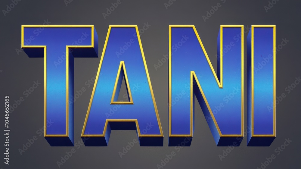Vibrant 3D Text Design: Bold blue 'TANI' letters with a golden outline on a dark gradient background, perfect for branding or graphics. Vibrant 3D Text Design: Bold blue 'TANI' letters with a golden outline on a dark gradient background, perfect for branding or graphics.