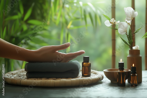 Close up of gentle hands resting on a soft towel, surrounded by spa essentials