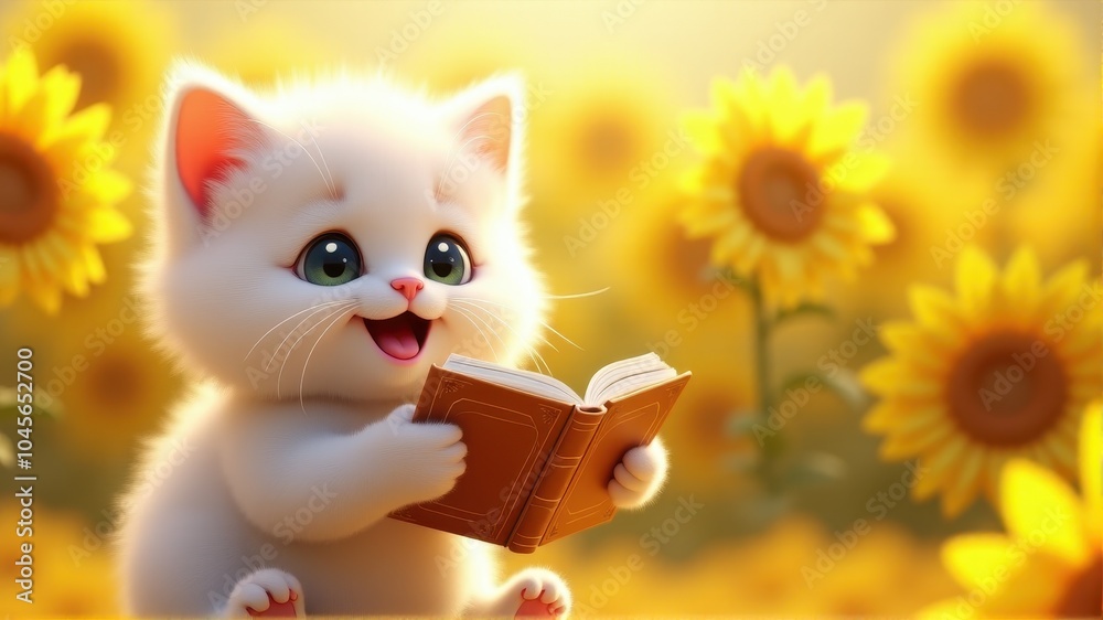 A fluffy white kitten joyfully reads a book amidst a vibrant field of sunflowers basking in the warm sunlight. A fluffy white kitten joyfully reads a book amidst a vibrant field of sunflowers basking in the warm sunlight.