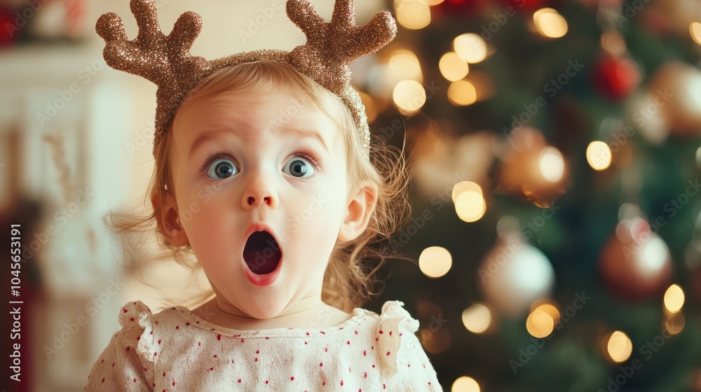 cute funny baby is very surprised. pretty girl in a fancy dress deer on the background of the Christmas tree at home. shocked and humorous kid cute funny baby is very surprised. pretty girl in a fancy dress deer on the background of the Christmas tree at home. shocked and humorous kid