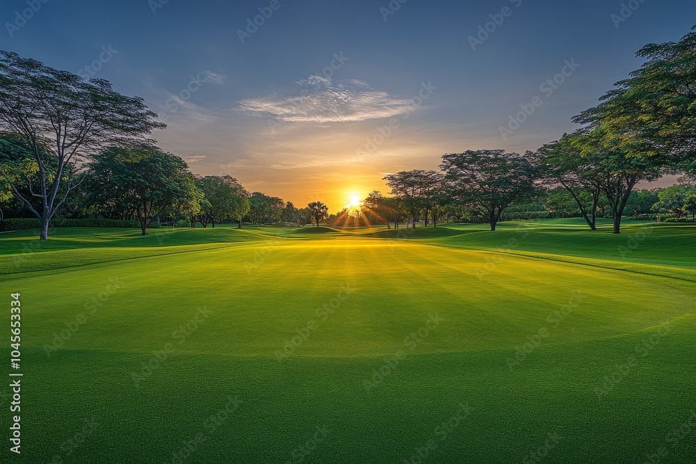 A serene golf course at sunset with lush greens and trees under a colorful sky A serene golf course at sunset with lush greens and trees under a colorful sky