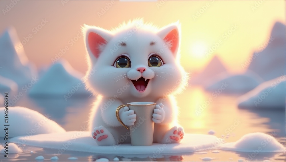 Fototapeta premium Adorable fluffy kitten with big eyes delightfully holding a cup while sitting on snow against a serene sunset backdrop.