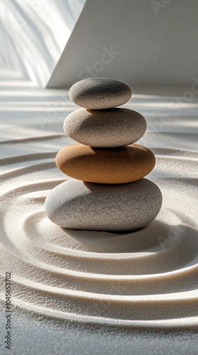 Balanced stone tower on smooth sand with gentle ripples in a tranquil environment