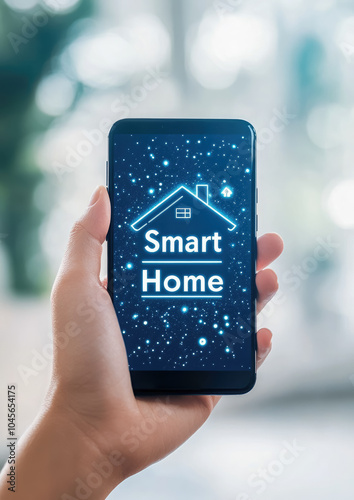 Human hand holding smartphone with house icon and "Smart Home" inscription on blurred room background, technology, mobile phone, home appliance control