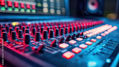 Close-up view of an audio mixing console with colorful lights and buttons.