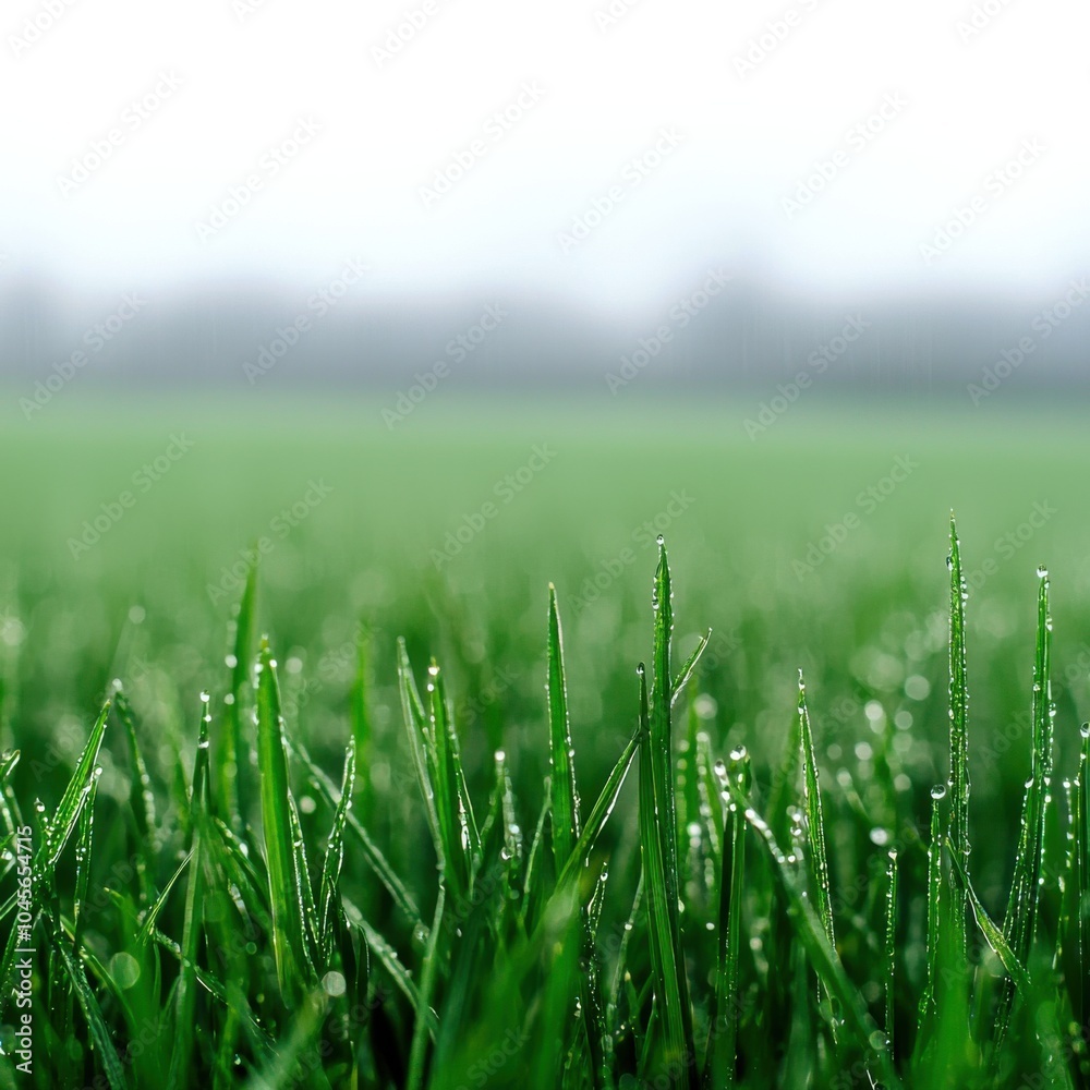 Obraz premium Dew-covered grass on a misty morning, green blades shining under soft light.