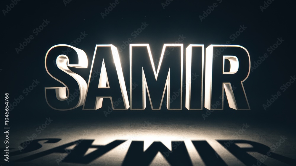3D Text Rendering: Illuminated 'SAMIR' with Shadows for Creative Branding and Design Use 3D Text Rendering: Illuminated 'SAMIR' with Shadows for Creative Branding and Design Use