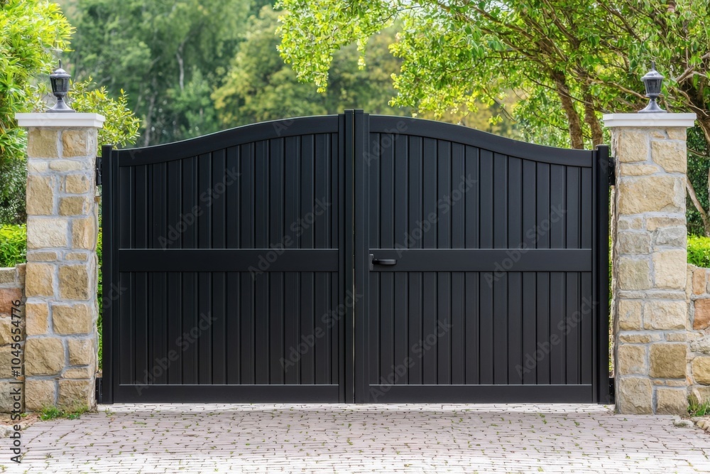 Elegant black driveway gate with stone pillars, surrounded by greenery. Elegant black driveway gate with stone pillars, surrounded by greenery.