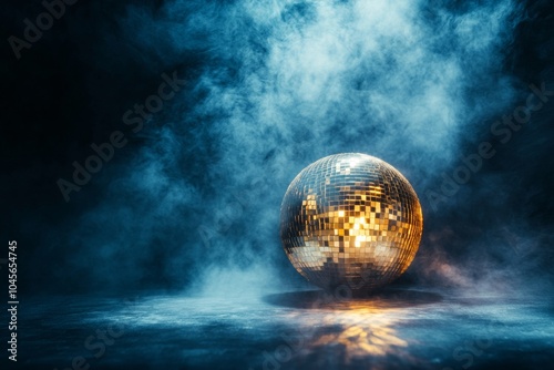 A glowing disco ball woman dances on a small stage under a spotlight in a shadowy room