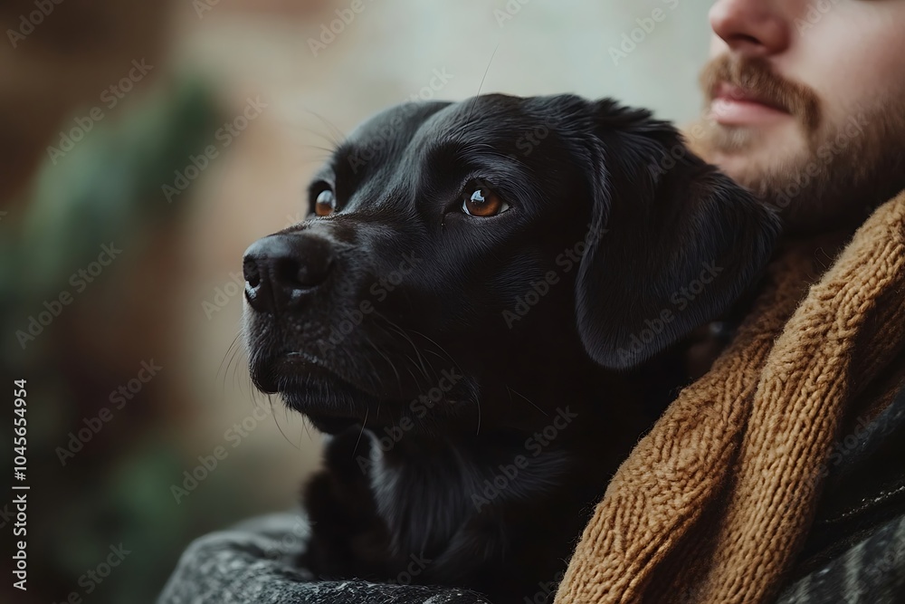 Black Lab Dog Headshot with Soft Focus and Owners Hand Black Lab Dog Headshot with Soft Focus and Owners Hand