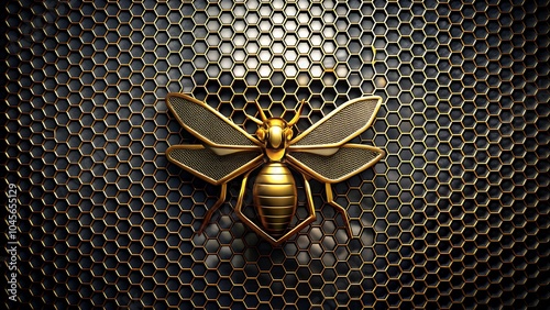 Shiny Gold Bee on a Luxurious Hexagonal Background photo