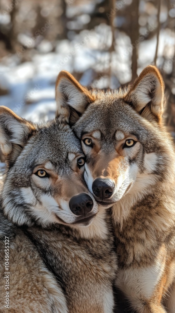 Two wolves resting closely together in a serene forest setting during sunset hours Two wolves resting closely together in a serene forest setting during sunset hours