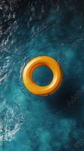 A bright yellow float ring floats on clear blue water during a sunny day at the pool photo