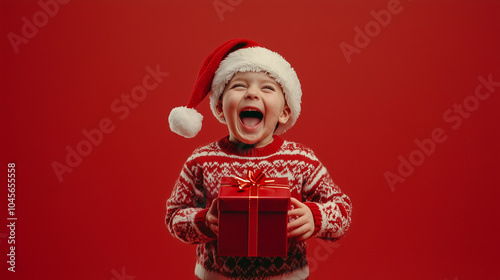 excited chikd in santa hat and christmas sweater shaking gift box isolated on red. photo