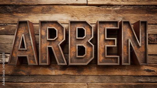 Rustic wooden text 'ARBEN' on a textured background: perfect for crafts, designs, and rustic-themed projects. photo