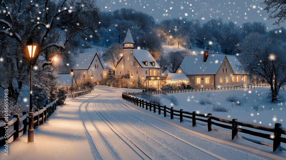 Fototapeta premium A detailed winter background wallpaper of a picturesque snow-covered town drawn in a charming cartoon style. The scene captures a peaceful night, with warm light spilling from wind