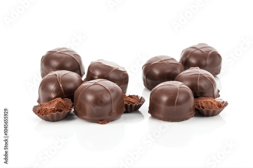 Assortment of Dark Chocolate Truffles and Bon Bons Arranged on White Background