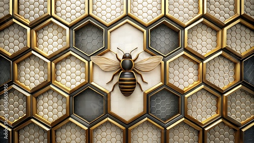 Stunning Golden Bee in Luxurious Honeycomb Pattern photo