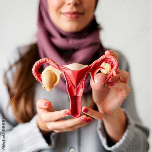 Woman holding Uterus and Ovaries model. Ovarian and Cervical cancer, Cervix disorder, Endometriosis, Hysterectomy, Uterine fibroids, Reproductive system and Pregnancy concept