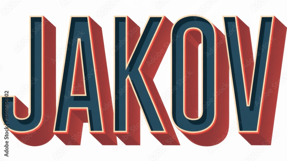 Obraz premium Stylized Typography: Bold 'JAKOV' Text in Retro Red and Blue Colors with Shadow Effects for Design Use