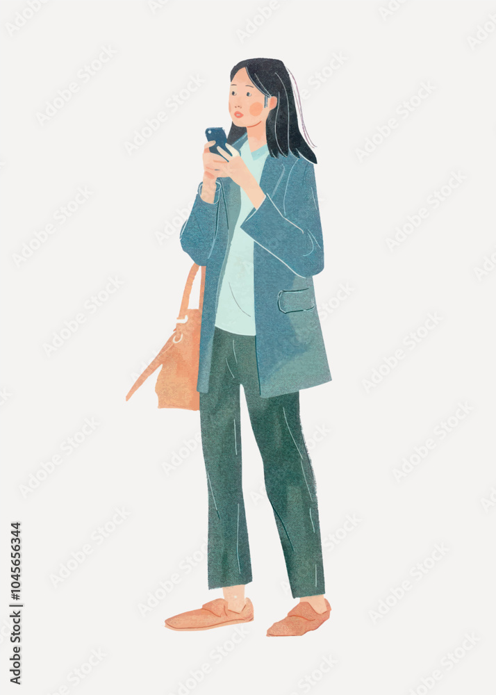 Woman checking phone illustration Woman checking phone illustration