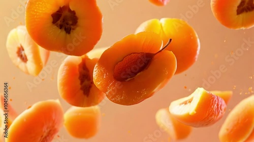 A close up of a bunch of orange peaches with one of them cut open