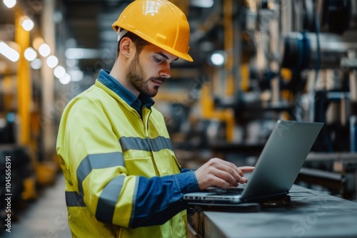 A young worker wearing a safety helmet and reflective jacket focuses on his laptop in an industrial facility, engaged in project management during daylight hours