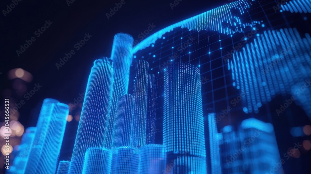 Futuristic city skyline with glowing blue digital elements on dark background.