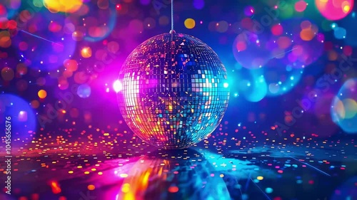 A colorful disco ball is suspended in the air