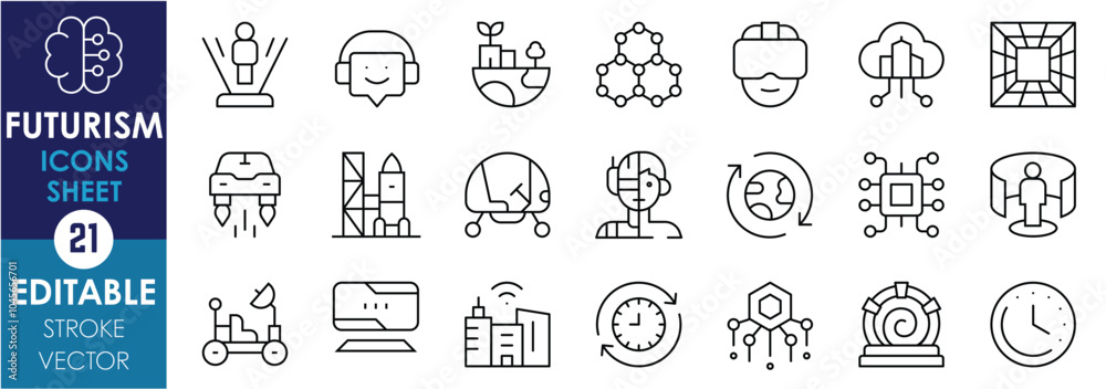 A set of line icons related to Futurism. Hologram, Sustainable living ...