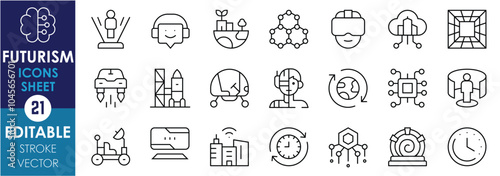 A set of line icons related to Futurism. Hologram, Sustainable living, smart city, VR, AI, Space exploration, time travel, teleport, flying car, and so on. Vector editable stroke.