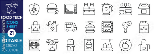 A set of line icons related to Food Technology.  Sustainable farming, digital, smart kitchen, vertical farming, food delivery, and so on. Vector editable stroke.