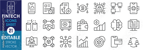 A set of line icons related to Fintech. Graph, crypto, digital, wallet, safe, peer-to-peer, AI, blockchain, and so on. Vector editable stroke.