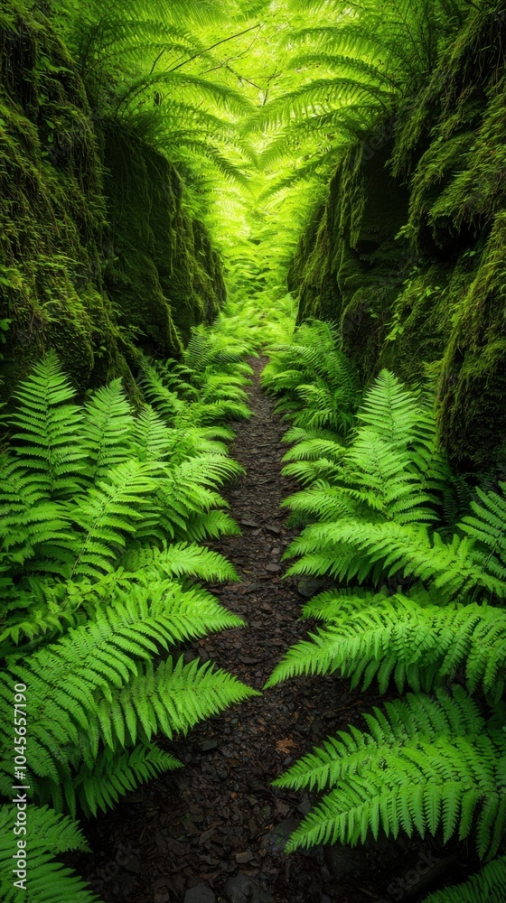 Lush ferns lining a tranquil path through a green, serene forest. Lush ferns lining a tranquil path through a green, serene forest.