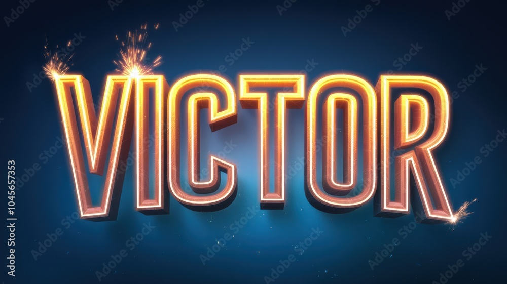 Obraz premium Dynamic Text Illustration: 'VICTOR' in Bold Lights for Celebratory Themes or Promotions