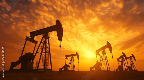 Silhouettes of oil pumps against a vibrant sunset sky, capturing the essence of the oil industry and energy production.