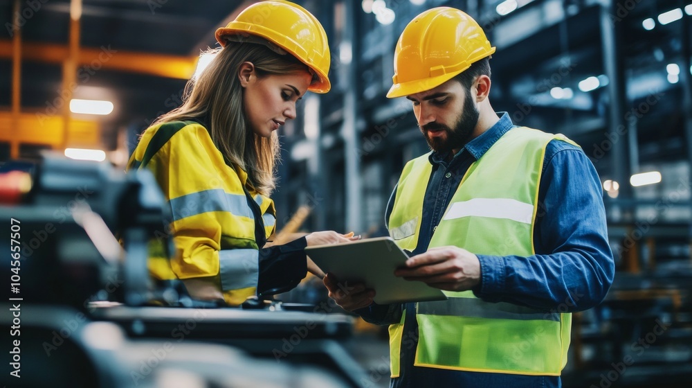 A man and woman in yellow hard hats and high-visibility vests discuss project details while inspecting plans in a busy industrial setting. They appear focused and engaged A man and woman in yellow hard hats and high-visibility vests discuss project details while inspecting plans in a busy industrial setting. They appear focused and engaged