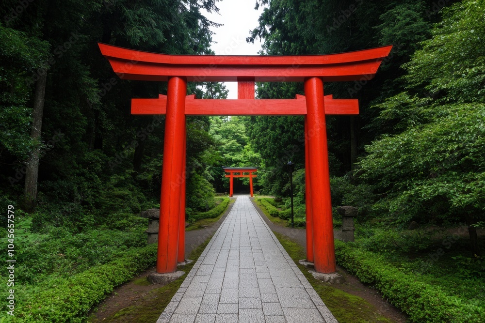 Red Torii gates leading through a lush green forest path. Red Torii gates leading through a lush green forest path.
