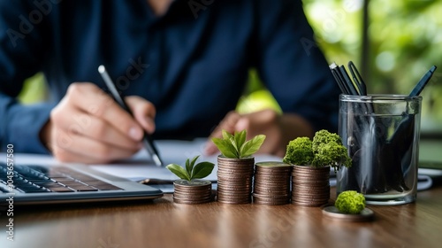 Businessperson working at a desk with coins and plants, representing growth and financial success.