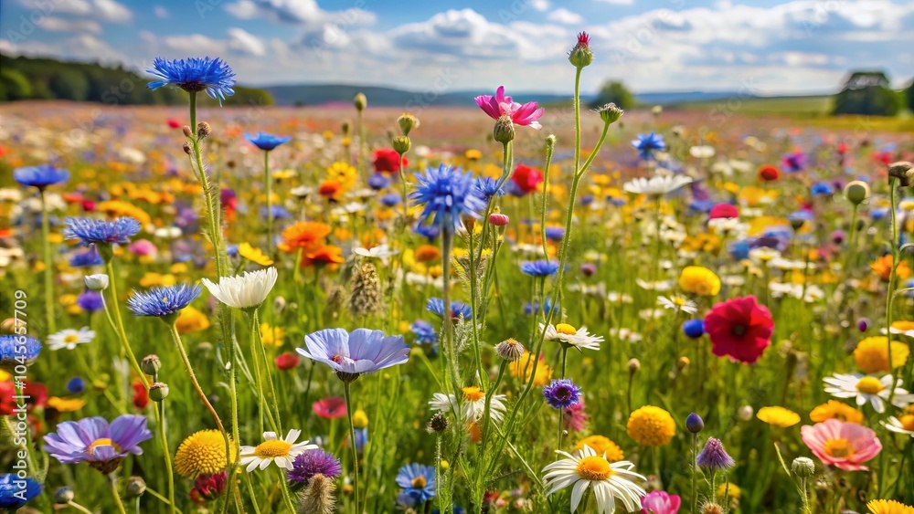 A vibrant field of colorful wildflowers in full bloom under a clear blue sky. Perfect for content related to summer, nature, gardening, or environmental themes... A vibrant field of colorful wildflowers in full bloom under a clear blue sky. Perfect for content related to summer, nature, gardening, or environmental themes...