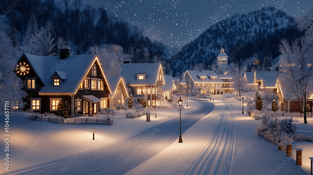 Fototapeta premium A cozy winter background featuring a cartoon-style town, covered in a blanket of snow under the dark night sky. The houses are lit up with holiday decorations, and the street lamps