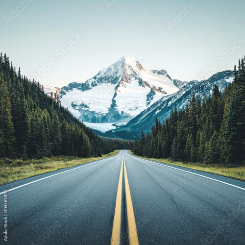 Scenic road leading to majestic snow-capped mountain surrounded by lush forests.